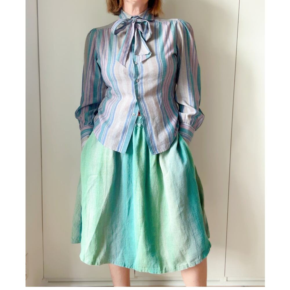 Vintage Ombre Linen A-Line Skirt Green Size M/L Knee Length Pockets